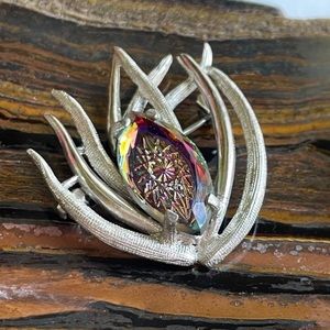 Vintage MCM Elizabeth Morrey Iridescent Art Glass Brooch